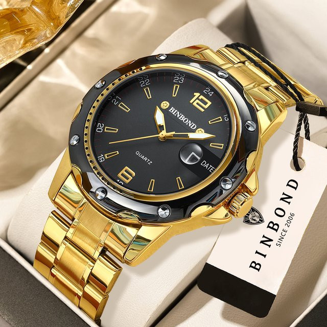 BINBOND Armbanduhr Quarz, Edelstahl, Gold, Schwarz, Herren - Bild 1