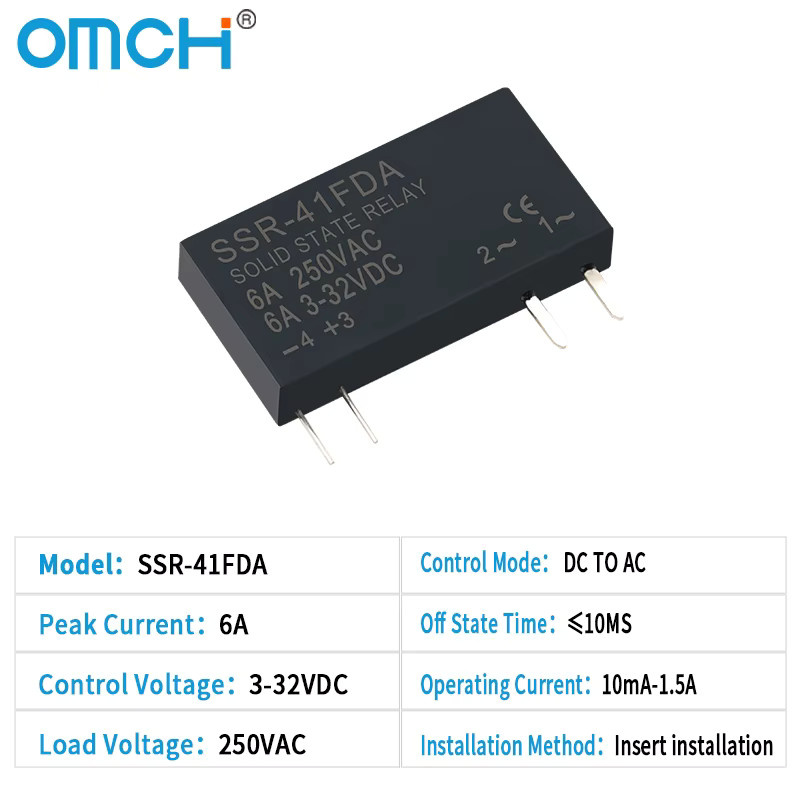 OMCH SSR-41FDA SSR-41FDD Halbleiterrelais Modul Schwarz, Schlankes Din-Schienen-Relais, 250VAC, 3-32VDC, 6A, DC-AC/DC-DC, berührungslos - Bild 2
