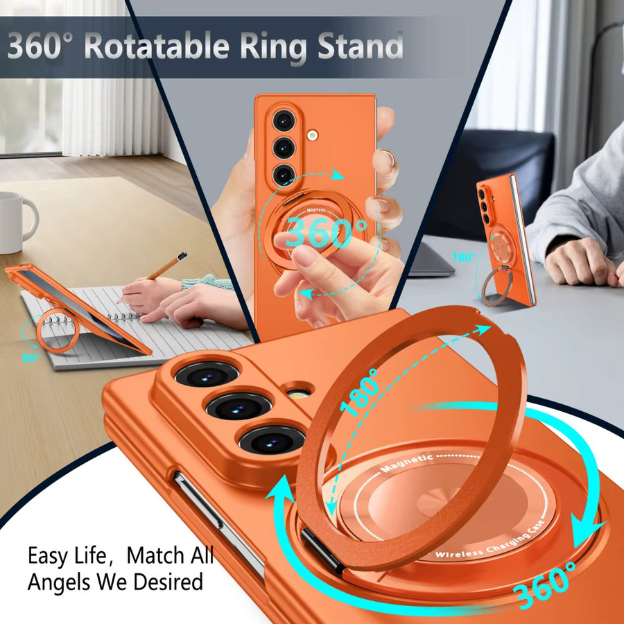Stoßfeste Samsung Handyhülle mit militärischer Panzerung und 360 Grad drehbarer magnetischer Halterung für MagSafe kabelloses Laden in Schwarz und Orange - Bild 2