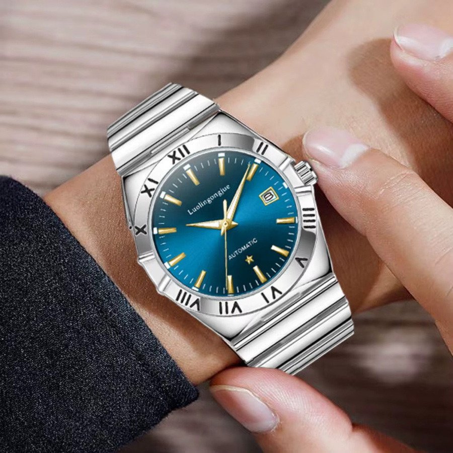 LUOLINGONGJUE Armbanduhr, Handaufzug, Edelstahl, Blau, Herren - Bild 2