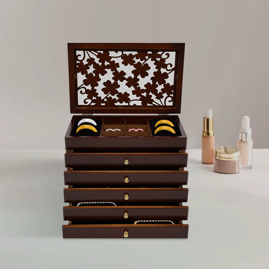 Bymaocar Schmuckschatulle aus Holz in Braun mit 6 Stufen als multifunktionaler Schmuck-Organizer für Ringe und Ohrringe - Bild 2