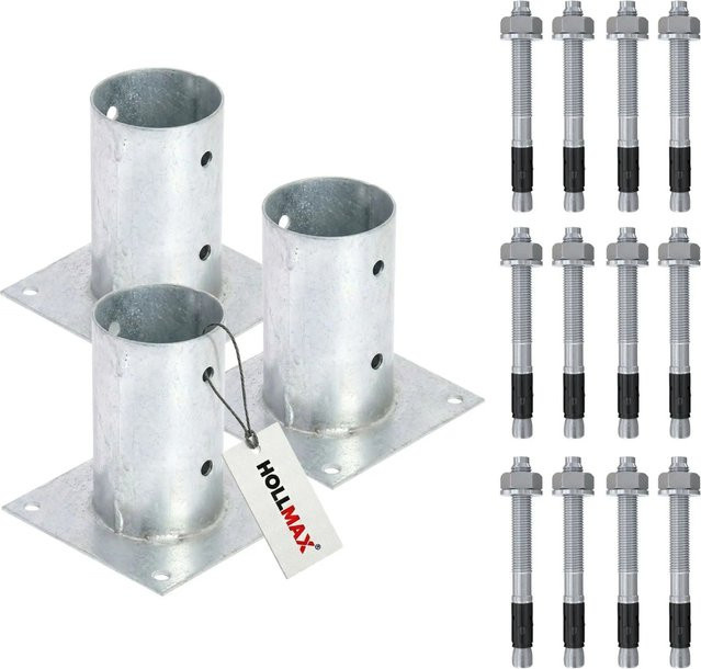 HOLLMAX Pfostenträger Set mit 3 Aufschraubhülsen 80 mm und Schwerlastankern 10 x 100 mm, verzinkt in Silber für Rundholzpfosten - Bild 1