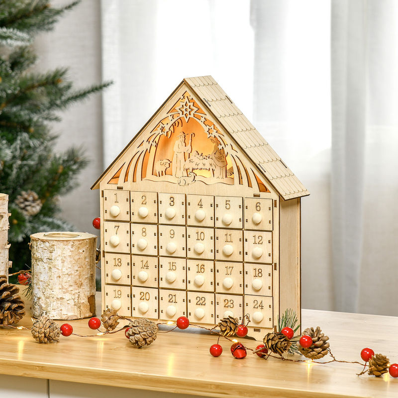 HOMCOM Adventskalender aus Naturholz mit 24 Schubladen und LED-Lichtern, Weihnachtsdekoration zum Befüllen in Braun, B: 26,6 cm, T: 6 cm, H: 30 cm - Bild 2