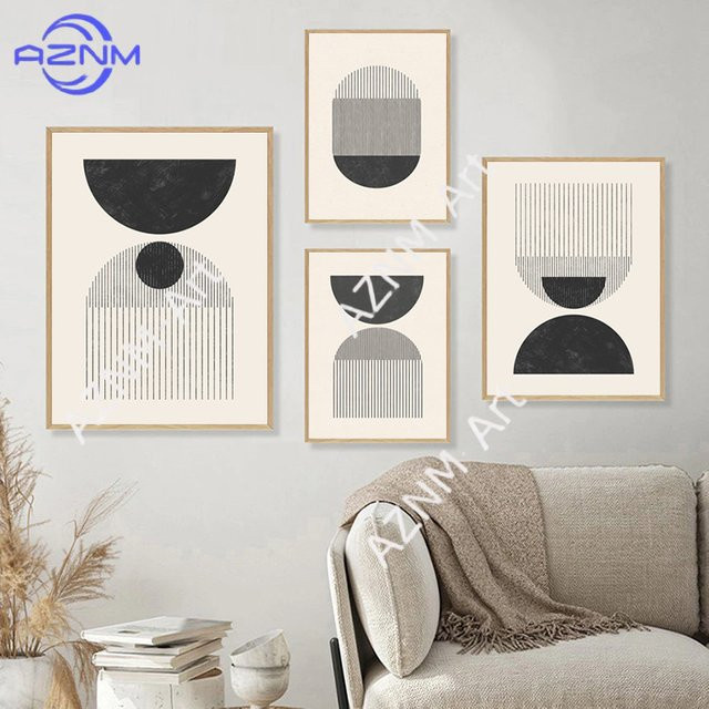 AZNM Wandbild mit abstrakten geometrischen Linien im Morandi-Stil, minimalistisches Design in Schwarz, rechteckig - Bild 1