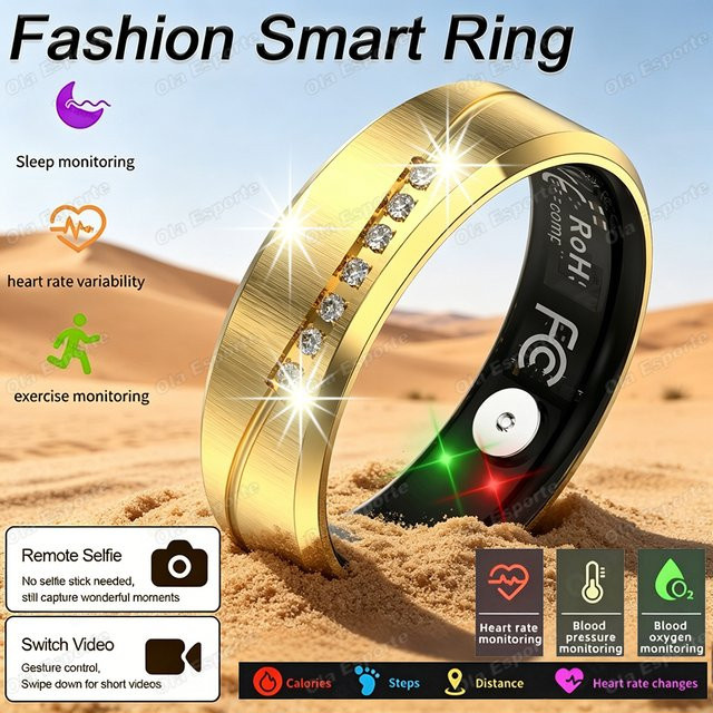 Ola Esporte Smartring Gold mit Vibrations-Erinnerung, Herzfrequenz-, Blutdruck- und Sauerstoffmessung sowie Schlafmonitor und Selfie-Fernbedienung, wasserdicht, Unisex - Bild 1