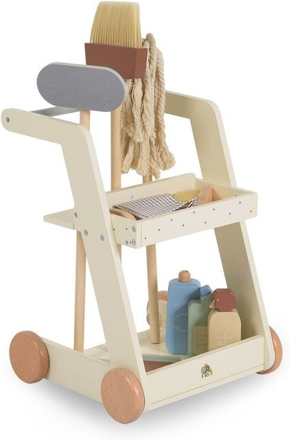 Moni Kinder-Spielzeugputzwagen aus Holz mit Besen, Mopp, Schwamm und Bürste in Beige - Bild 1