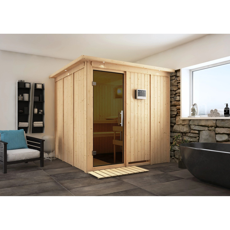 Karibu Sauna Rikka Bio-Kombisauna aus Fichte und Espe mit 9,0 kW BioKombiofen, externem Steuergerät, LED-Dachkranz und Ganzglastür in Grau/Braun, B/T/H: 196 x 198 x 196 cm - Bild 3