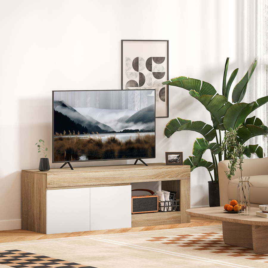 HOMCOM TV-Möbel Fernsehtisch mit 2-türigem Soft-Close-Schrank und offenem Regal, Weiß und Holzton, B/T/H: 140 x 40 x 48 cm - Bild 2