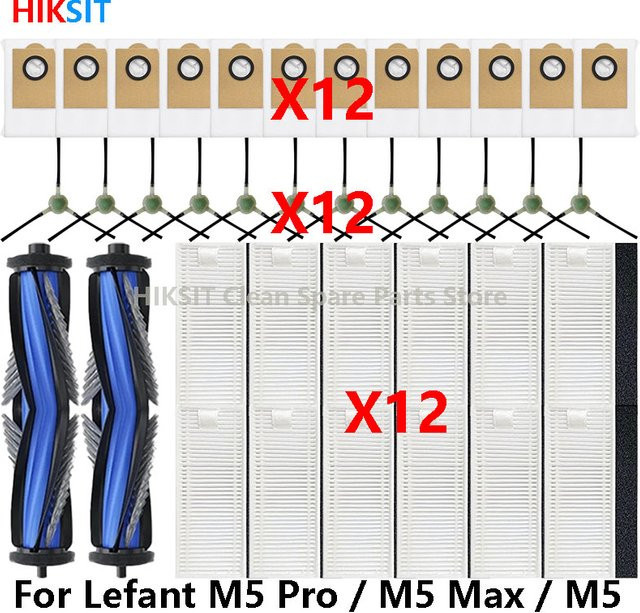 HIKSIT Ersatzteil-Set für Lefant M5 Pro, M5 Max und M5 Saugroboter mit Hauptbürste, Seitenbürsten, Hepa-Filtern, Wischtüchern und Staubbeuteln - Bild 1