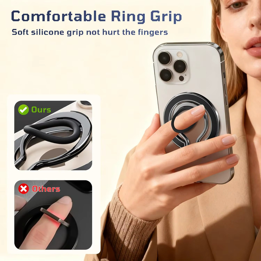 VIKEFON Magnetischer Handyhalter-Ständer für MagSafe mit Fingerring und Kickstand in Schwarz für iPhone 17, 16, 15, 14, 13 - Bild 2