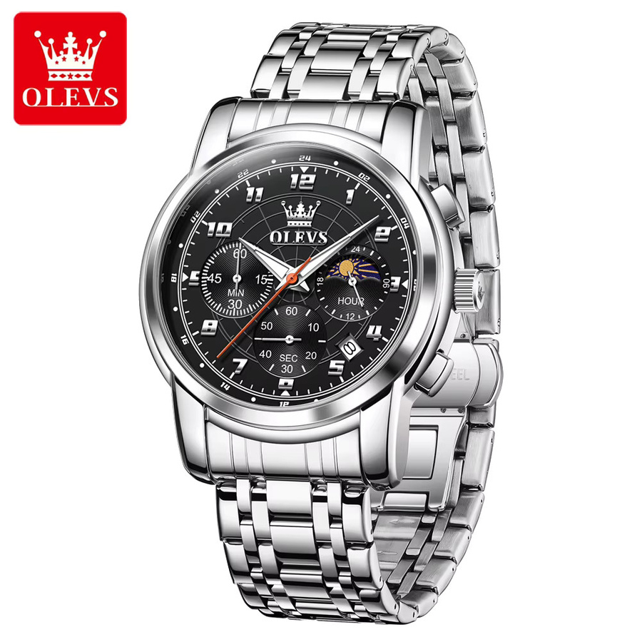 OLEVS Armbanduhr Quarz, Edelstahl, Schwarz, Mondphase, Herren - Bild 2