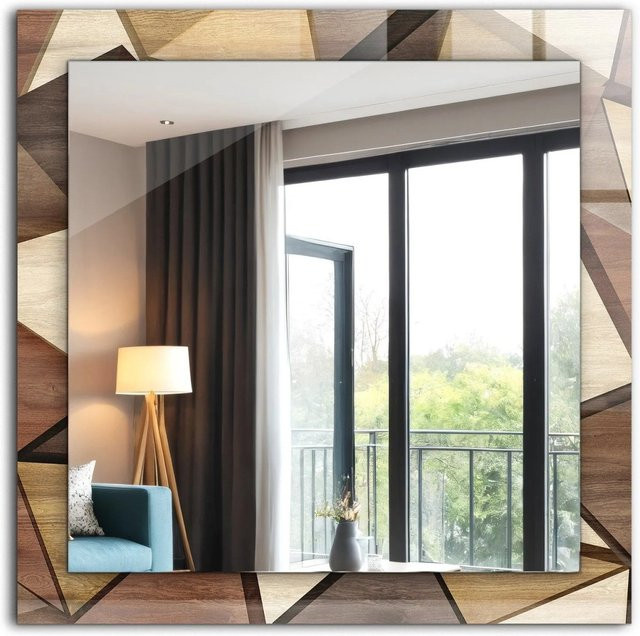 Tulup Spiegel mit geometrischem Holzmuster Motivdruck in Braun und Multicolour, B/H: 60 x 60 cm - Bild 1