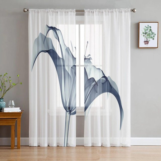 Blaue Blume Transparente Chiffon Vorhänge aus Tüll und Voile für Wohnzimmer, Schlafzimmer und Küche, Farbe: Blau, Breite: 135 cm, Höhe: 114 cm - Bild 1