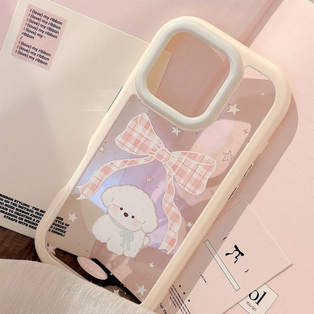 MUQGEW Handyhülle mit Koreanischem Cartoon Plaid Bowknot Welpen Design für iPhone 11 bis 16 Pro Max, Stoßfestes Hard Cover aus Acryl, Transparent - Bild 1