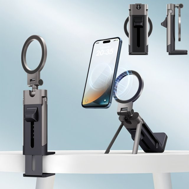 BESY Magnetischer Handyhalter für den Schreibtisch, Verstellbarer und Faltbarer Tischklemme Freisprechhalter in Schwarz oder Grau - Bild 1