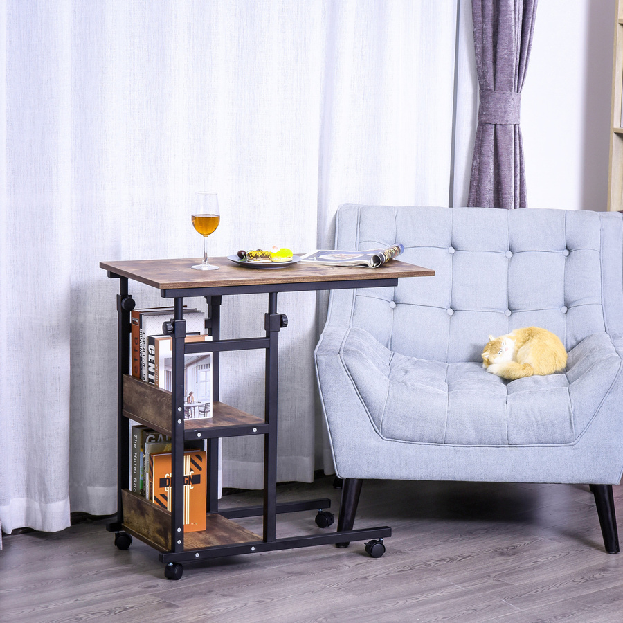 HOMCOM Beistelltisch mit Rollen und 2 Regalen, höhenverstellbar, Schwarz oder Braun, Metall, B: 80 cm, T: 40 cm, H: 72-82 cm - Bild 2