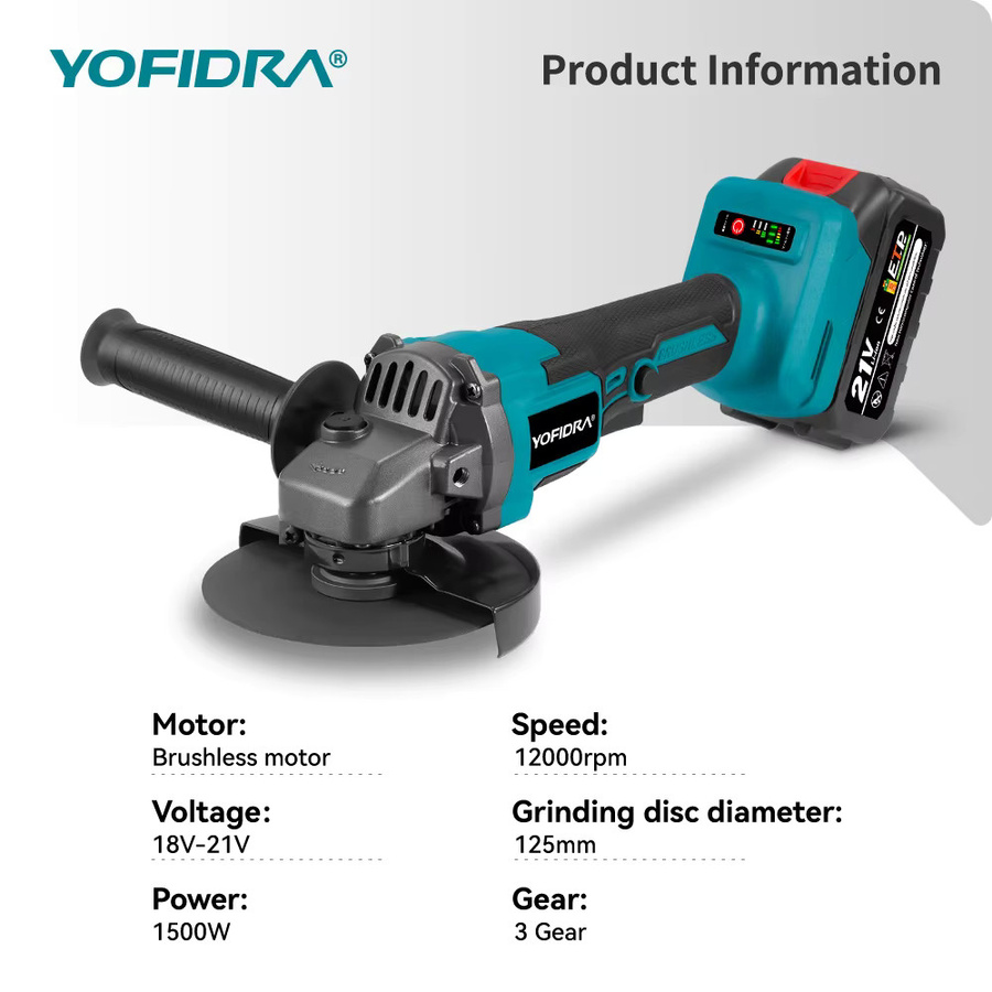 YOFIDRA Bürstenloser Winkelschleifer 125mm mit 12000RPM, kabelloses Schneid- und Polierwerkzeug inklusive 3 Sägeblättern, kompatibel mit Makita LXT Akkus - Bild 5