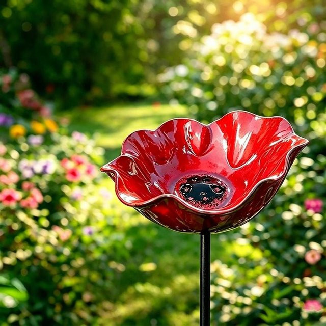 Fuqidecor Handgefertigte Vogeltränke als Blumenskulptur mit Bienen-Trinkstation aus Metall in Rot, Höhe: 65 cm - Bild 1