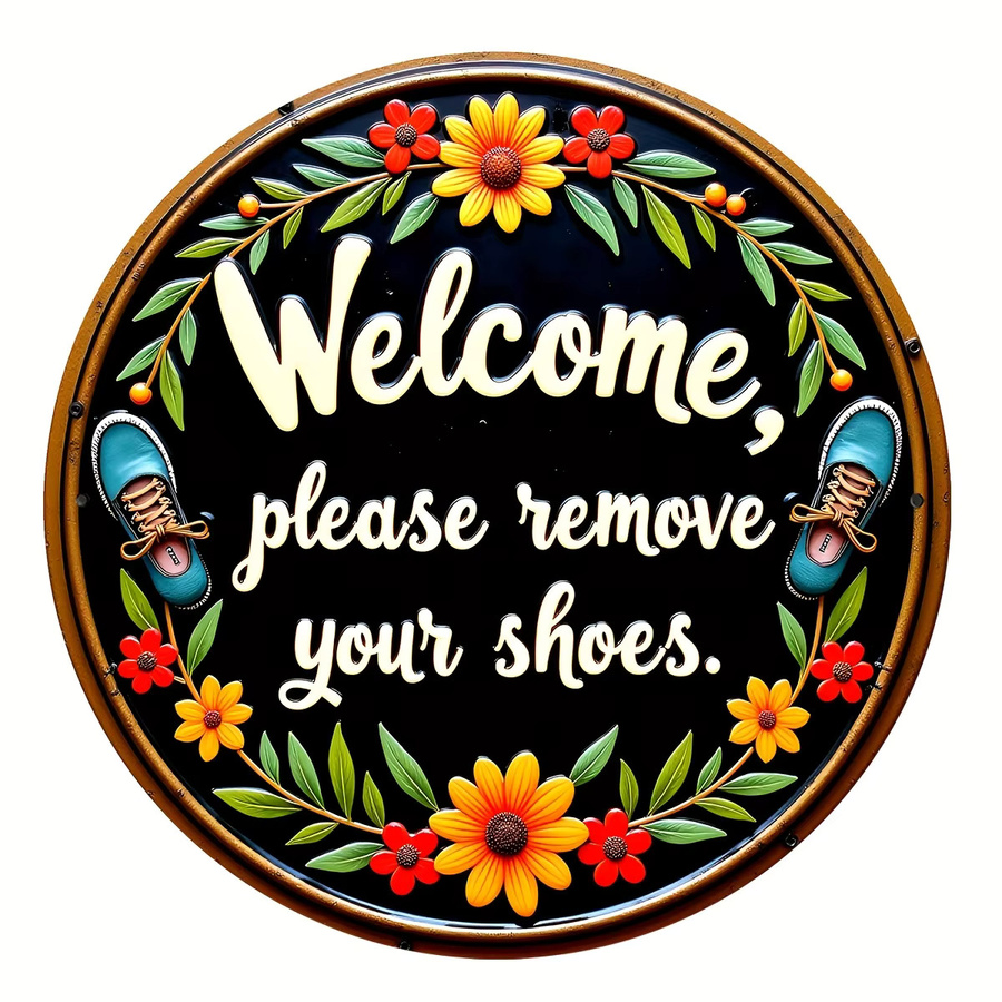 CIFBUY Rustikales Rundes Metall-Wandschild Bitte Entfernen Sie Ihre Schuhe in Schwarz mit Blumenmuster, Durchmesser: 20,32 cm - Bild 3
