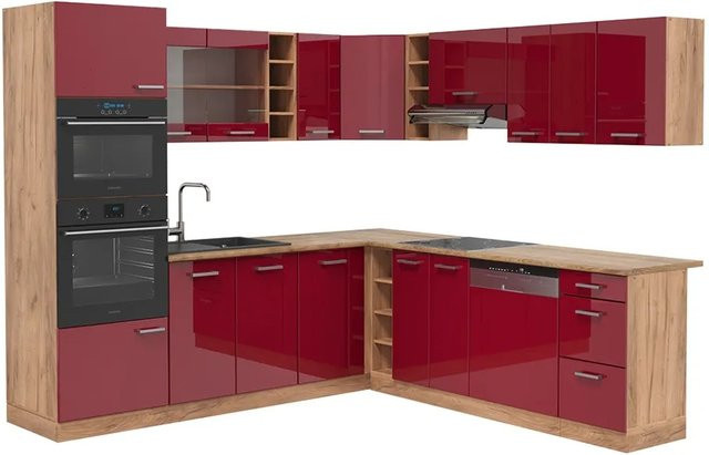 Vicco R-Line Eckküche Bordeaux Hochglanz und Goldkraft Eiche, B/T/H: 237 x 247 x 81,6 cm - Bild 1