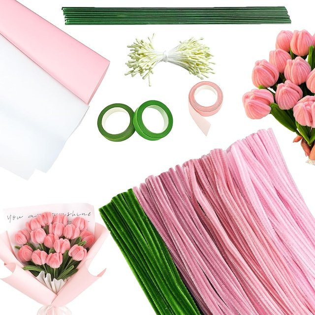 400 Stück Chenille-Bastelreiniger in Pink und Grün für DIY-Kunst- und Bastelprojekte - Bild 1