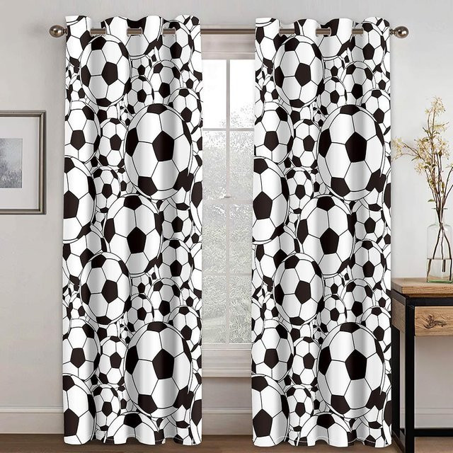 Yiran Furniture Graffiti Fußball Sport Fenstervorhänge aus Polyester mit Ösen, 2er-Set, Weiß/Schwarz, Breite: 65 cm, Höhe: 60 cm - Bild 1