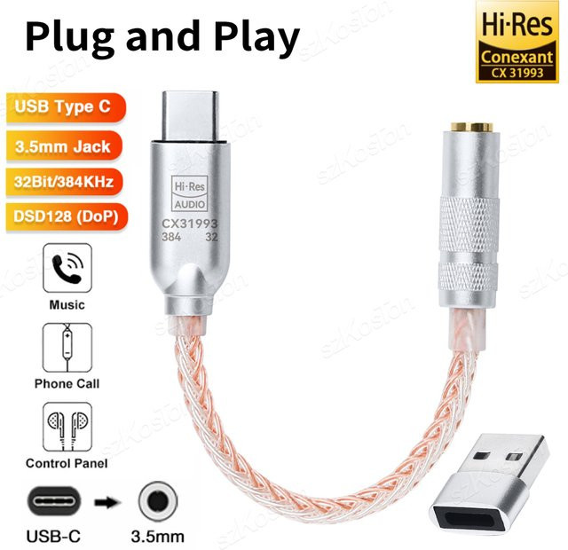 SZKOSTON USB Typ C auf 3,5 mm Audio-Adapter mit CX31993 DAC Chip, HiFi-Kopfhörerverstärker und Audio-Decoder in Silber - Bild 1