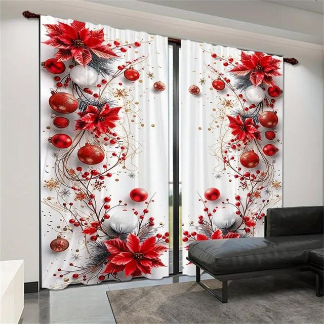 2-teiliges Set Weihnachtsvorhänge mit Weihnachtsmannmotiv aus Polyester, halbtransparent, mehrfarbig, Breite: 50 cm, Höhe: 130 cm - Bild 1