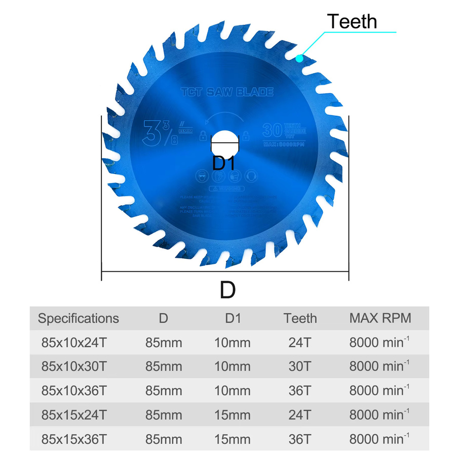 XCAN Kreissäge Klinge mit TCT Hartmetall Schneiden und blau beschichteter Nano-Beschichtung für Holz, Durchmesser: 85 mm - Bild 2