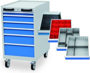 Bedrunka+Hirth Werkstattwagen Schubladenschrank mit 6 Schubladen und Einteilungssortiment, grau/blau, B/H/T: 55,5 x 99 x 73,6 cm - Bild 1