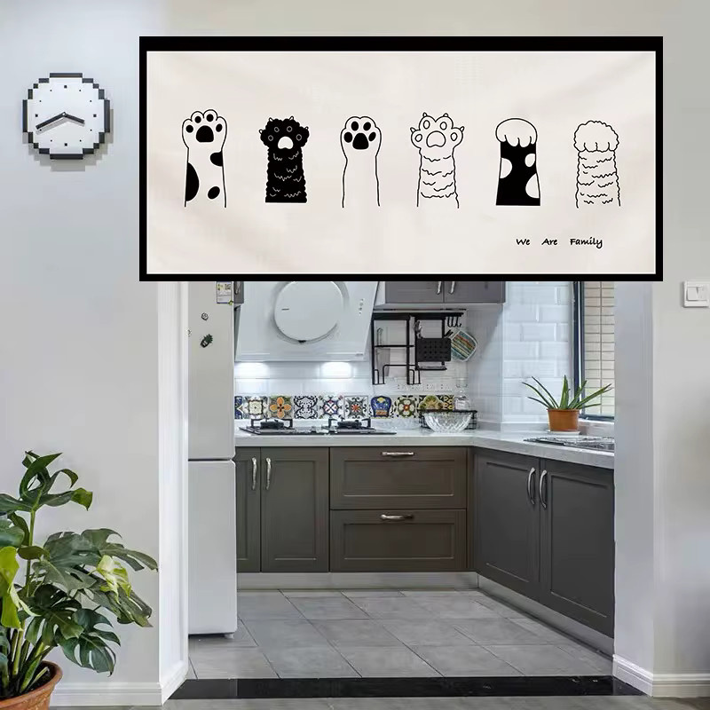 VIKAMA Minimalistischer Katzen-Noren-Türvorhang mit Klettverschluss in Weiß, semi-transparent mit grafischem Tier-Design für Küche und Café - Bild 1