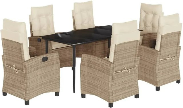 vidaXL 7-teilige Garten-Essgruppe aus Poly Rattan mit Kissen in Beige und Cremeweiß sowie Glastisch - Bild 1