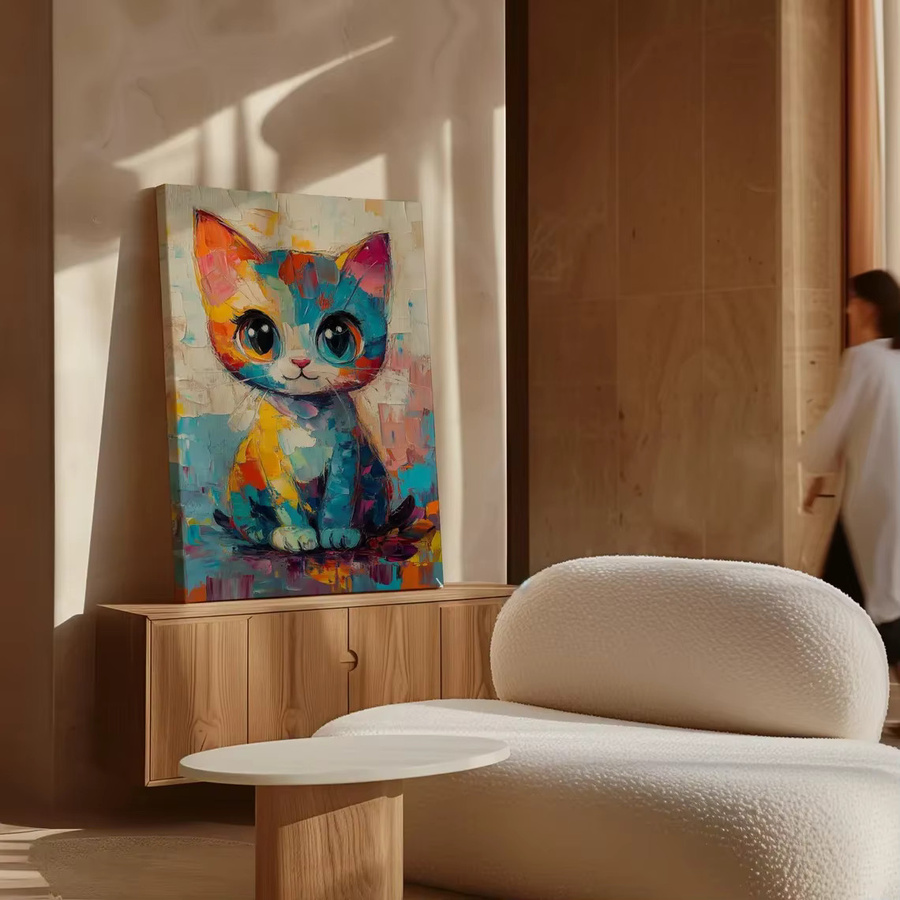 Vibrant Impasto Kitten Portrait Wandbild als abstrakter Kunstdruck in Mehrfarbig auf Leinwand - Bild 3