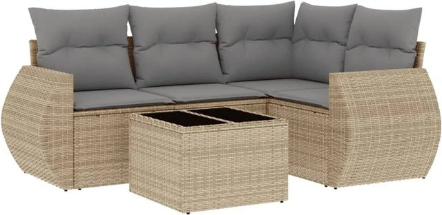 vidaXL 5-tlg Garten-Sofagarnitur in L-Form aus Poly-Rattan mit Kissen in Beige - Bild 1