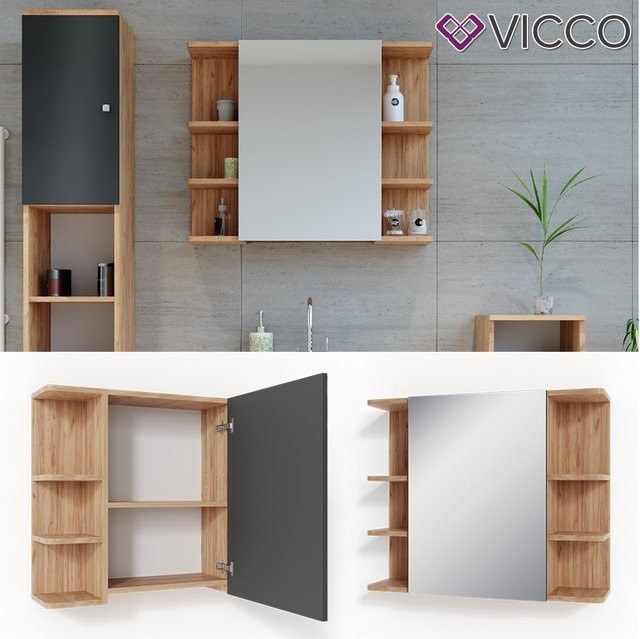 VICCO Spiegelschrank FYNN Wandspiegel in Eiche und Anthrazit mit Spiegeltüren und Regalfächern, B: 80 cm, H: 64 cm - Bild 1