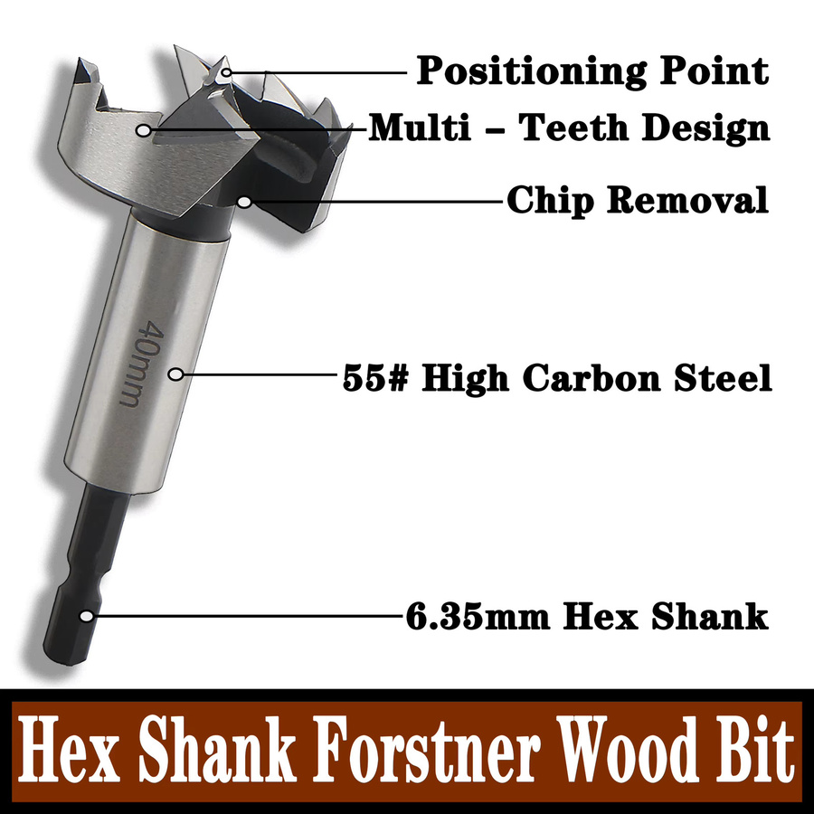 Forstner Multi-Tooth Scharnier-Bohrset aus Hochkohlenstoffstahl mit 1/4 Zoll Sechskantschaft für die Holzbearbeitung, Farbe: Silber, Durchmesser: 6 bis 40 mm - Bild 2