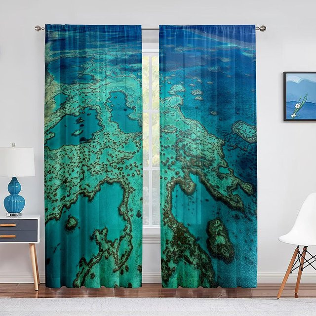 Super Six Transparente Tüll-Voile-Vorhänge mit Unterwasserwelt-Motiv in Blau, Breite: 100 cm, Höhe: 250 cm - Bild 1
