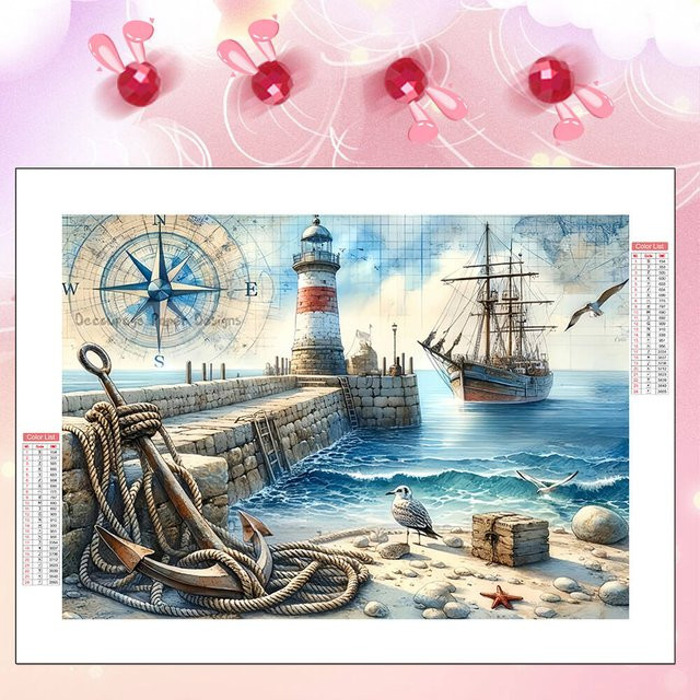 HUACAN Diamantmosaik Set Maritime Landschaft mit Schiff und Leuchtturm, Rund, Mehrfarbig, Durchmesser: 30 cm - Bild 1