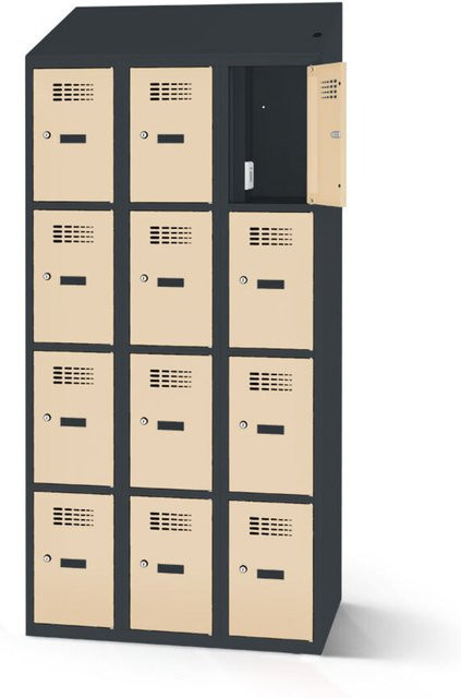 rotstahl Fächerschrank mit Ladefunktion und 12 Fächern (3x4), Korpus Anthrazitgrau und Türen Beige, B: 90 cm, H: 200 cm - Bild 1