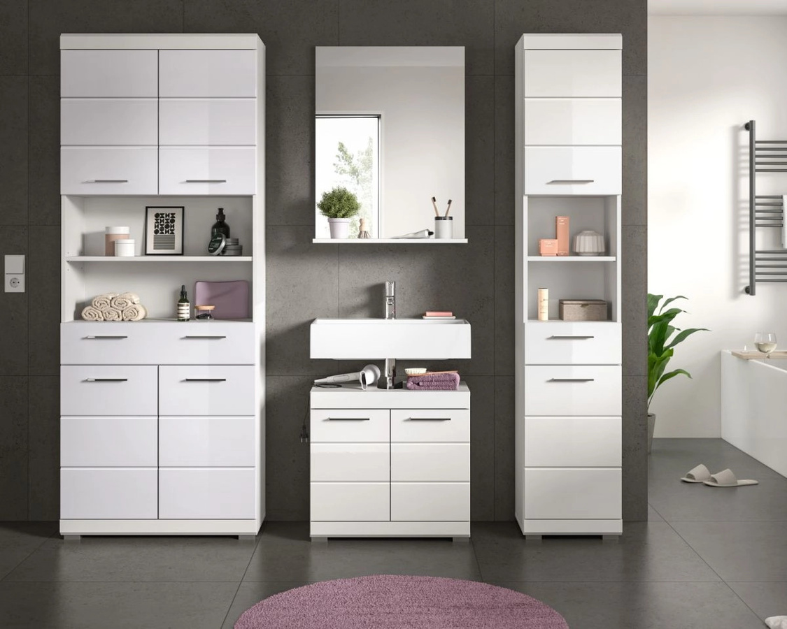 Inn.Furn Badmöbel Set Shawn 4-teilig in Weiß Hochglanz mit Waschtischunterschrank, Spiegelschrank und Hochschrank - Bild 2