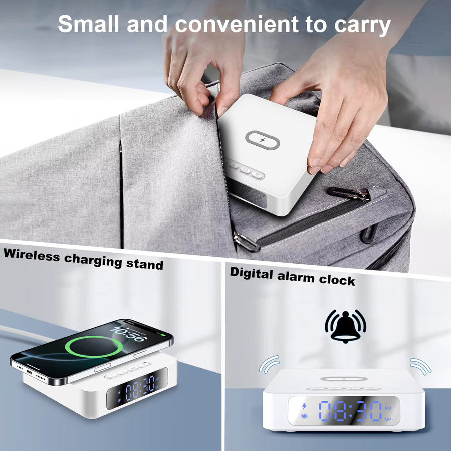 PDKUAI 3-in-1 Kabelloses Ladegerät mit Digitalem Wecker, 15W Tragbares Ladestation für iPhone und Samsung, Schwarz - Bild 4
