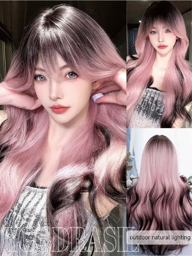 YGGDRASIL Perücke, rosa-schwarz Ombre, lang gewellt mit Pony, Damen - Bild 6