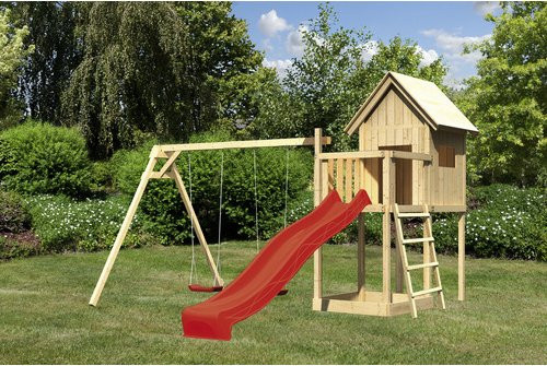 Karibu Kinderspielhaus Frieda Set mit Anbau und Rutsche in Natur und Rot - Bild 3
