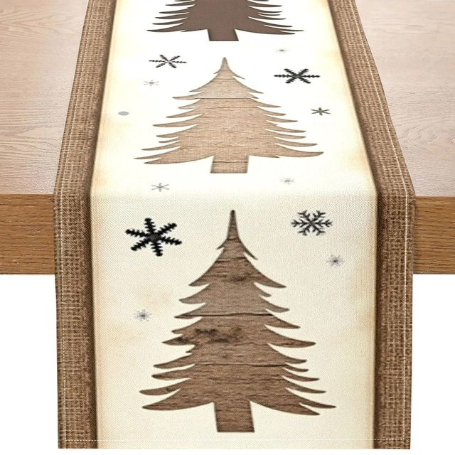 VIKAMA Weihnachts-Tischläufer aus Kiefernholz in Beige mit Vintage-Kiefern und Schneeflocken, B/H: 90 x 33 cm - Bild 1