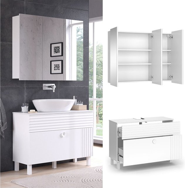 Vicco Badmöbel-Set Sola Waschtischunterschrank und Spiegelschrank in Weiß matt - Bild 1