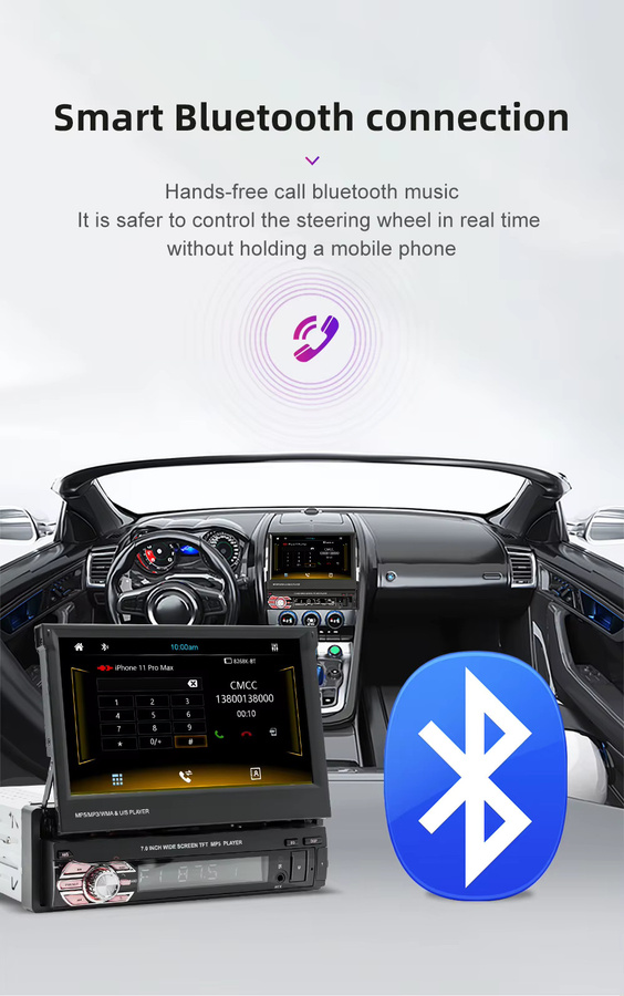 MOPECT 7-Zoll 1-DIN Autoradio MP5-Player mit kabellosem CarPlay, Bluetooth, Touchscreen, USB, AUX, TF und Kamera in Schwarz - Bild 5