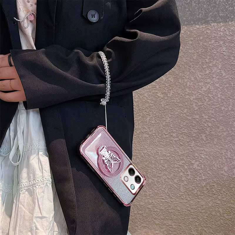 Stoßfeste Anti-Sturz-Handyhülle für Xiaomi Redmi Note 13 Pro Plus mit Glitzer-Schmetterlingsständer und Kristall-Lanyard in Pink - Bild 2