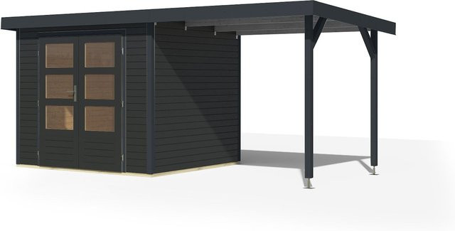 Karibu Gartenhaus Hollywood mit Anbaudach aus Holz und Metall in Anthrazit - Bild 1