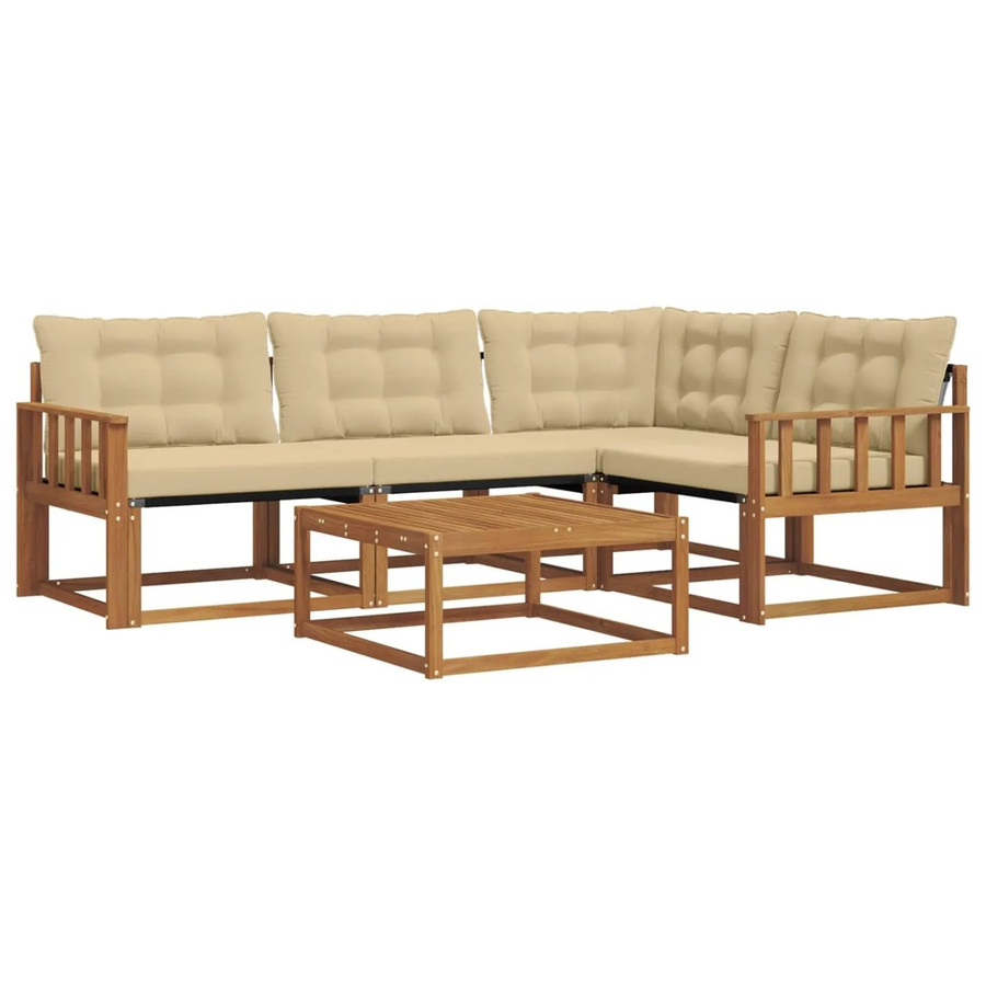vidaXL Outdoor-Sofagarnitur 5-teilig L-Form aus massivem Akazienholz mit Textilene und beige Kissen - Bild 2