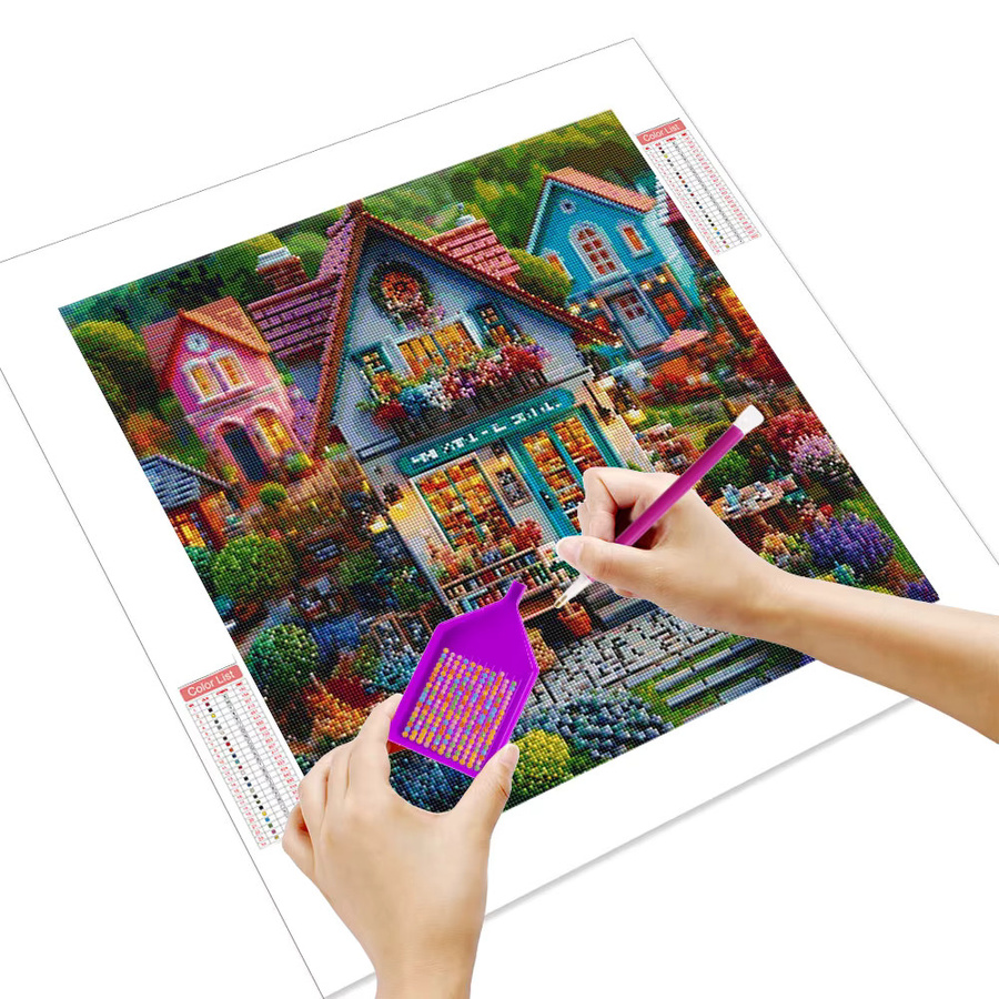 Huacan Diamantmalerei Landschaft mit Haus und Garten als dekoratives Mosaik-Gemälde in Mehrfarbig mit Rundbohrern - Bild 2